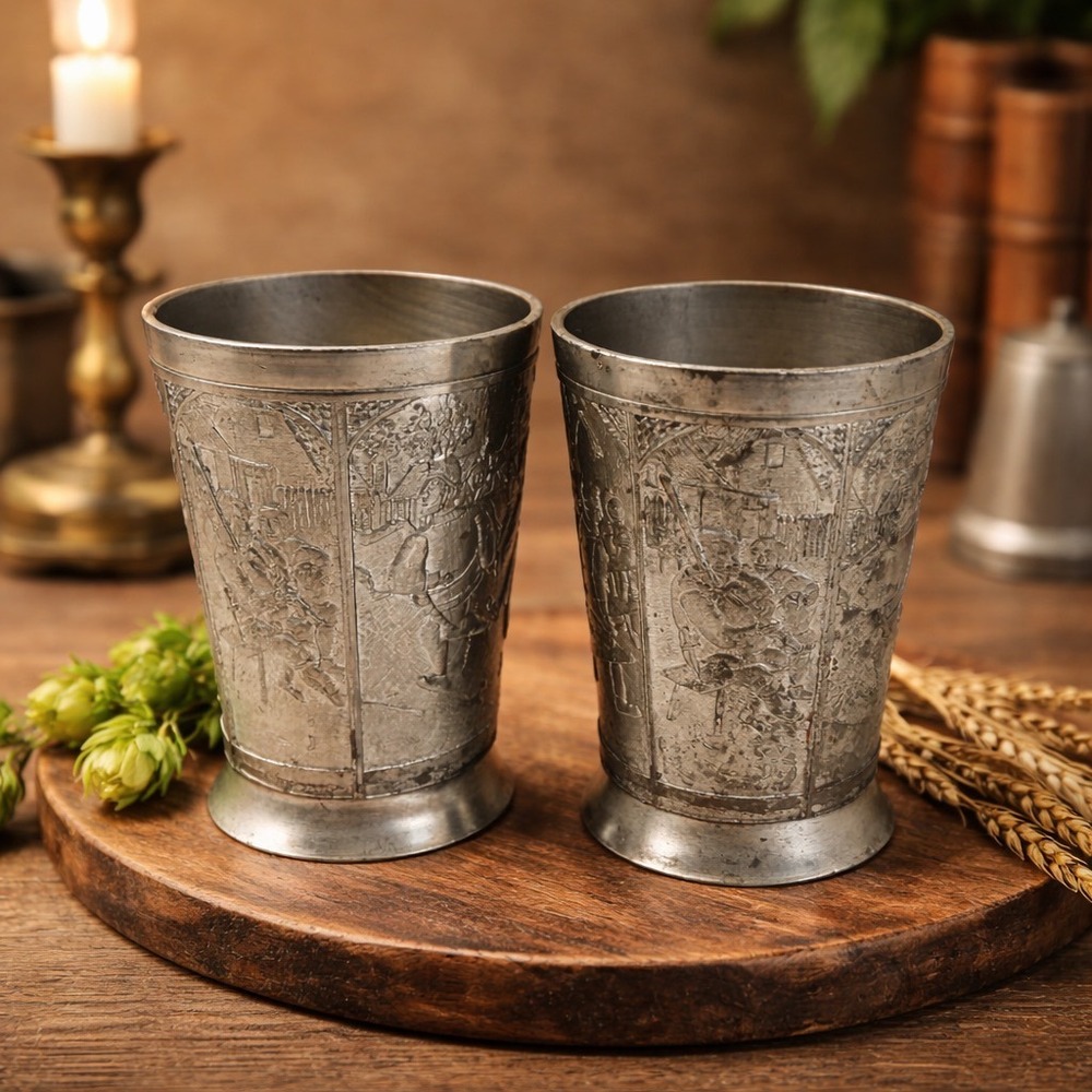 Pair Vintage Royal Daalderop Dutch Pewter Beakers Made in Holland